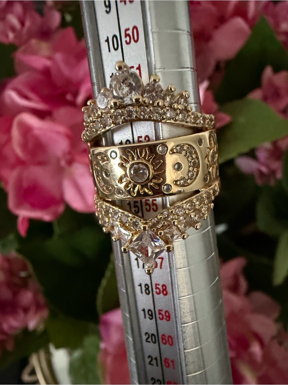 Gold Sun & Crescent Crystal Stacking Ring Set - Elegant Women's Jewelry 14K Gold